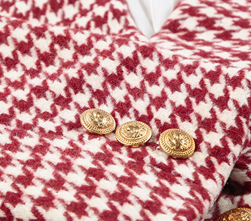 Houndstooth Collared Neck Double-Breasted Blazer