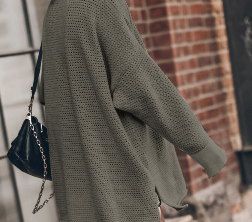 Openwork Round Neck Long Sleeve Slit Sweater