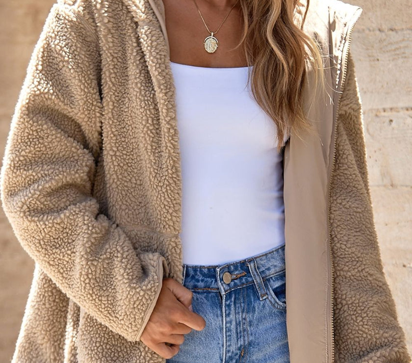 Drawstring Fleece Zip Up Hooded Jacket