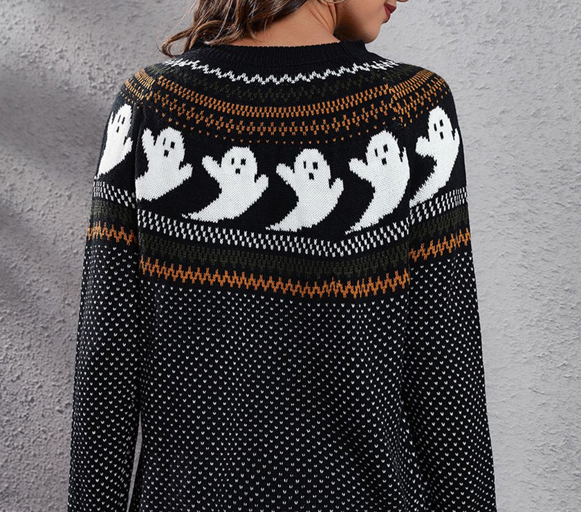 Ghost Pattern Round Neck Long Sleeve Sweater