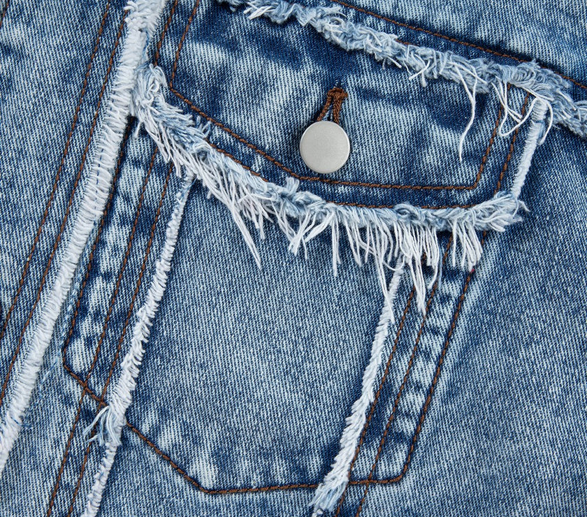 Raw Hem Drawstring Plaid Denim Jacket
