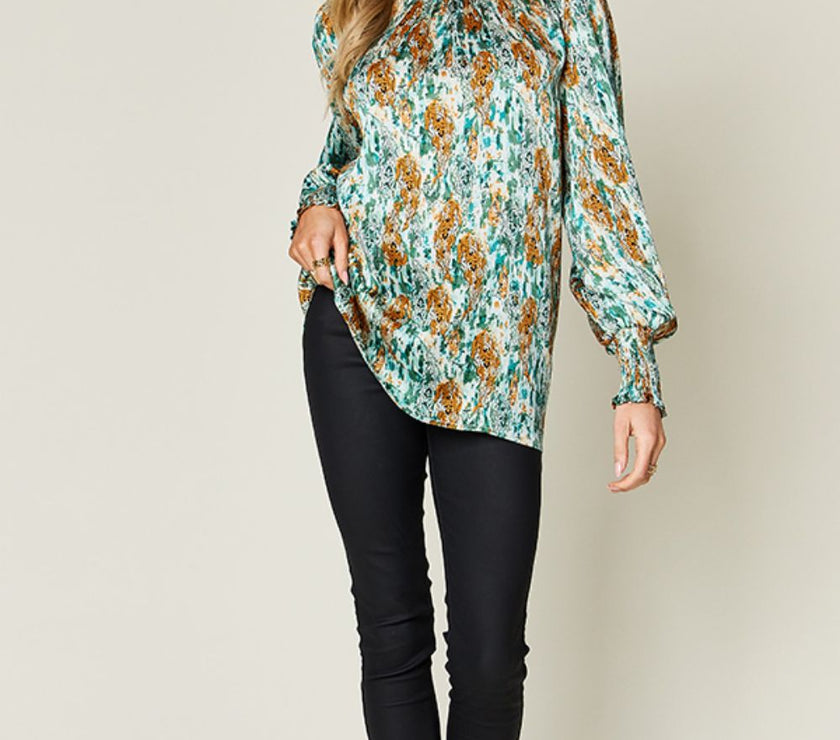 Double Take Full Size Printed Smocked Long Sleeve Blouse