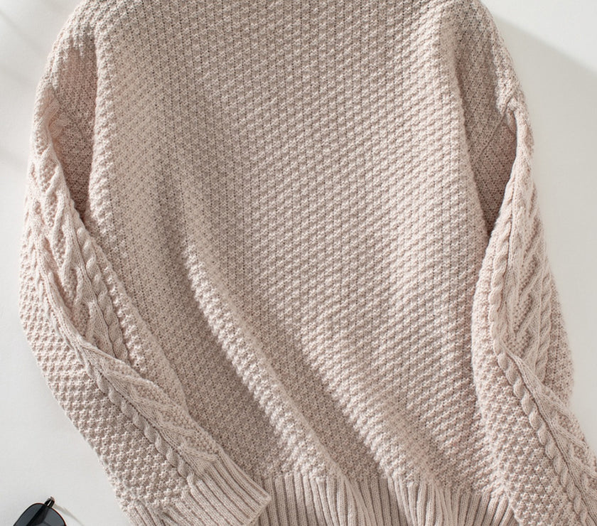 Cable-Knit Mock Neck Long Sleeve Sweater