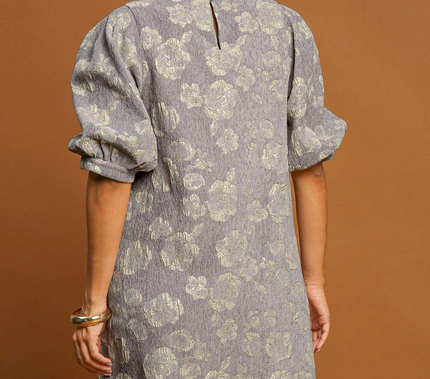 Umgee Floral Jacquard Puff Sleeve Mini Dress