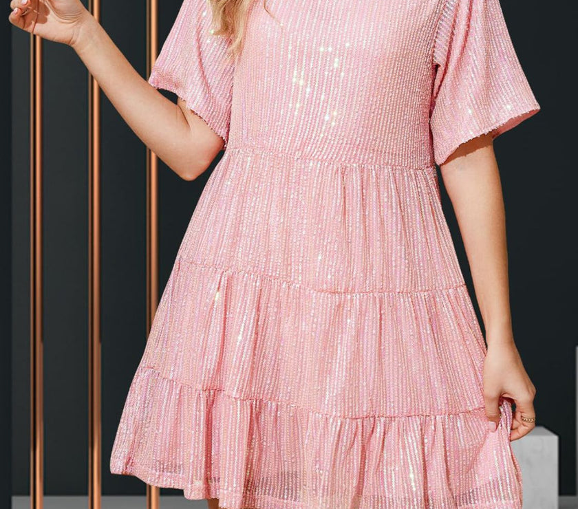 Sequin Round Neck Half Sleeve Mini Dress