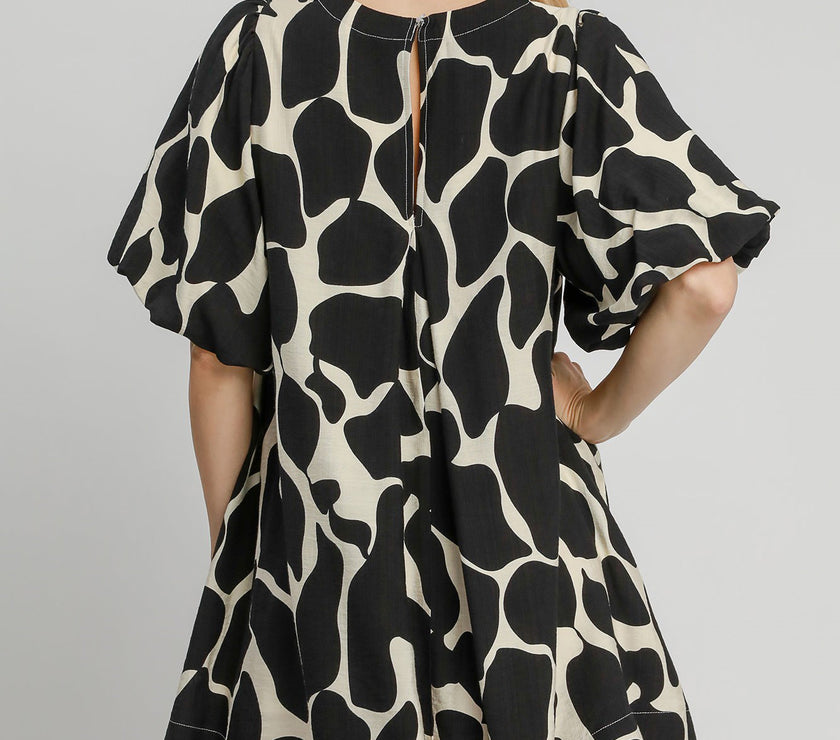 Umgee Full Size Two Tone Abstract Print Puff Sleeve Dress Plus Size