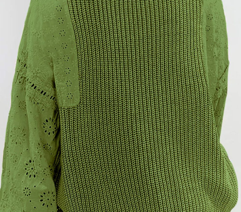 Eyelet Round Neck Drop Shoulder Sweater