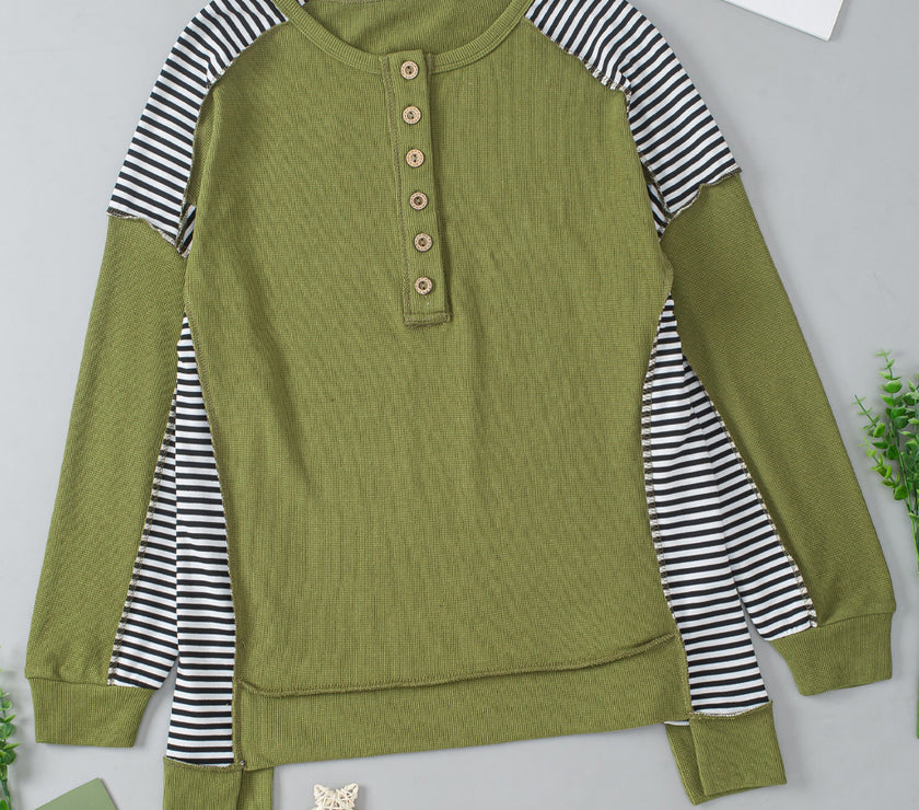 Striped Exposed Seam Half Button Sweatshirt