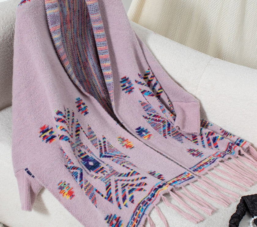 Fringe Geometric Open Front Long Sleeve Cape