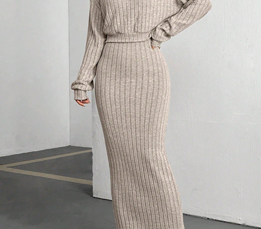 Ribbed Cropped Hooded Top and V-Neck Tank Dress Set