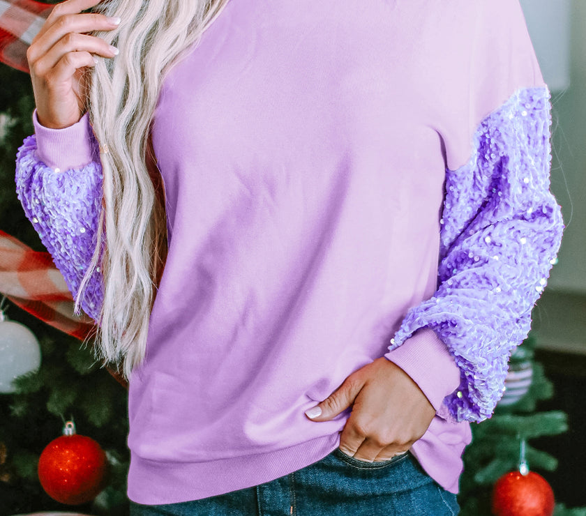 Orchid Petal Sequin Patchwork Long Sleeve Pullover Top