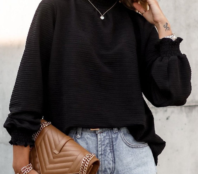 Smocked Frill Mock Neck Long Sleeve Blouse