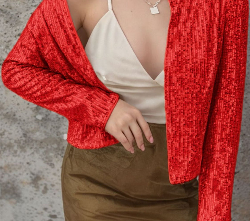 Full Size Sequin Open Front Cropped Jacket