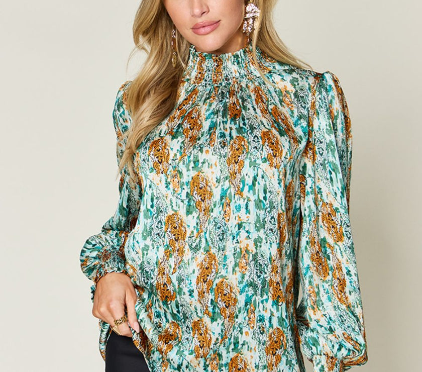 Double Take Full Size Printed Smocked Long Sleeve Blouse