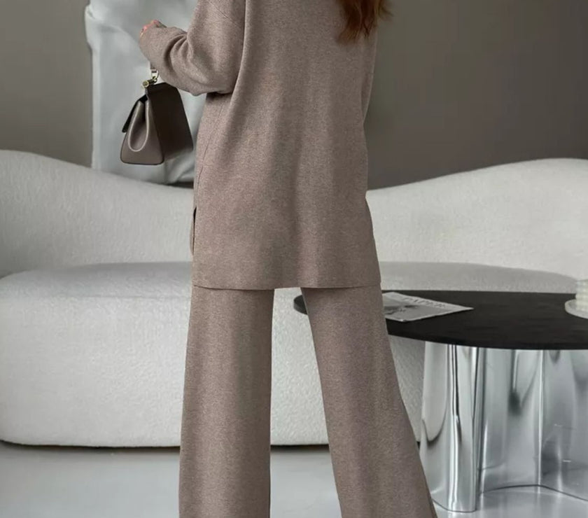 Slit Mock Neck Top and Pants Sweater Set