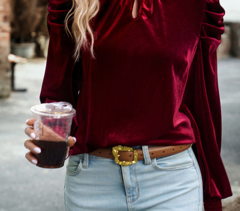 Tie Up Mock Neck Velvet Fabric Long Sleeve Blouse