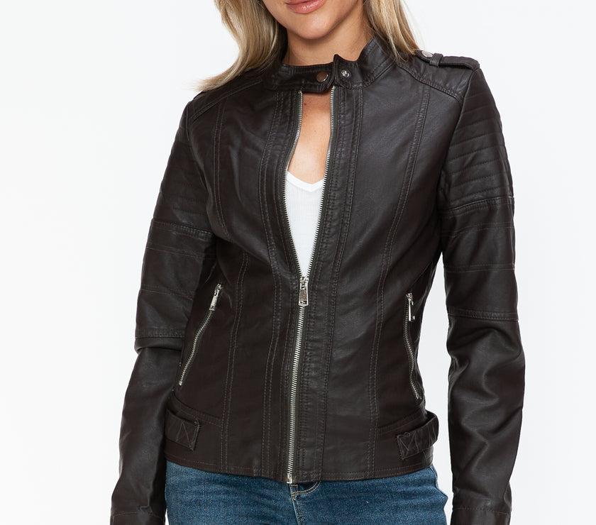 Snobbish PU Leather Biker Jacket with Side Zip Pockets