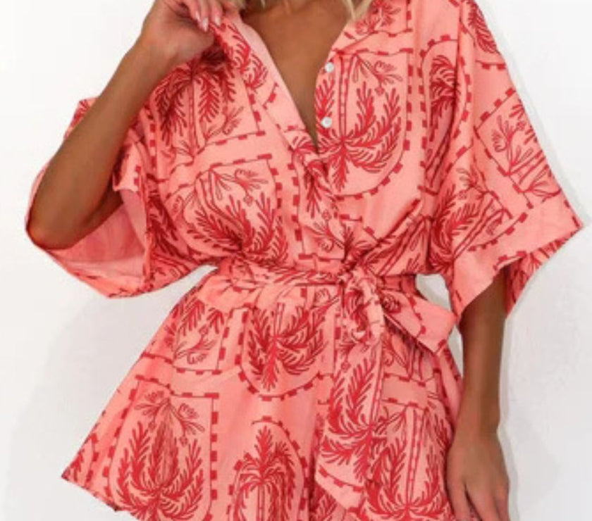 Printed Tie Waist Half Sleeve Romper