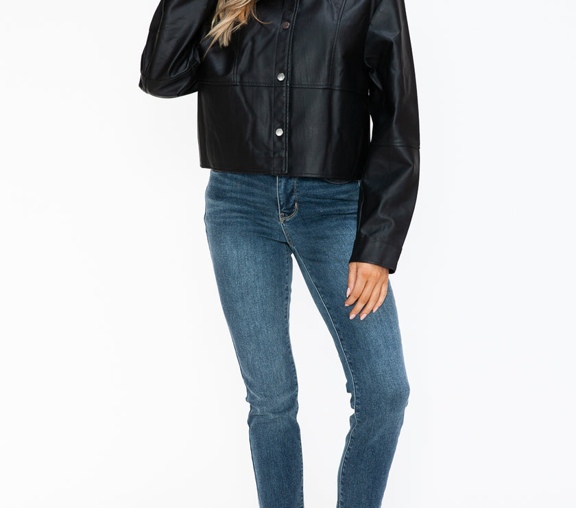 Snobbish Snap Down Long Sleeve PU Leather Jacket