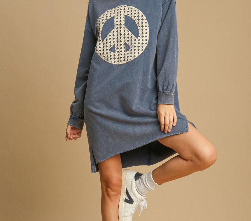 Umgee Peace Lace Applique Frayed Hem French Terry Mini Dress