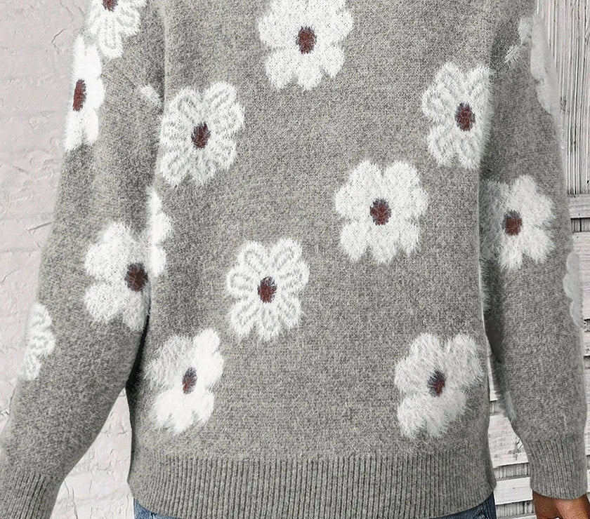 Flower Half Zip Long Sleeve Sweater