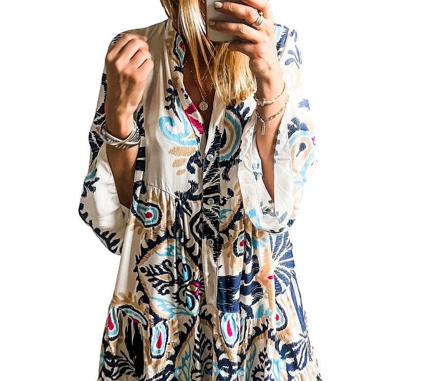 White Printed Tribal Bracelet Sleeve Buttoned Mini Dress