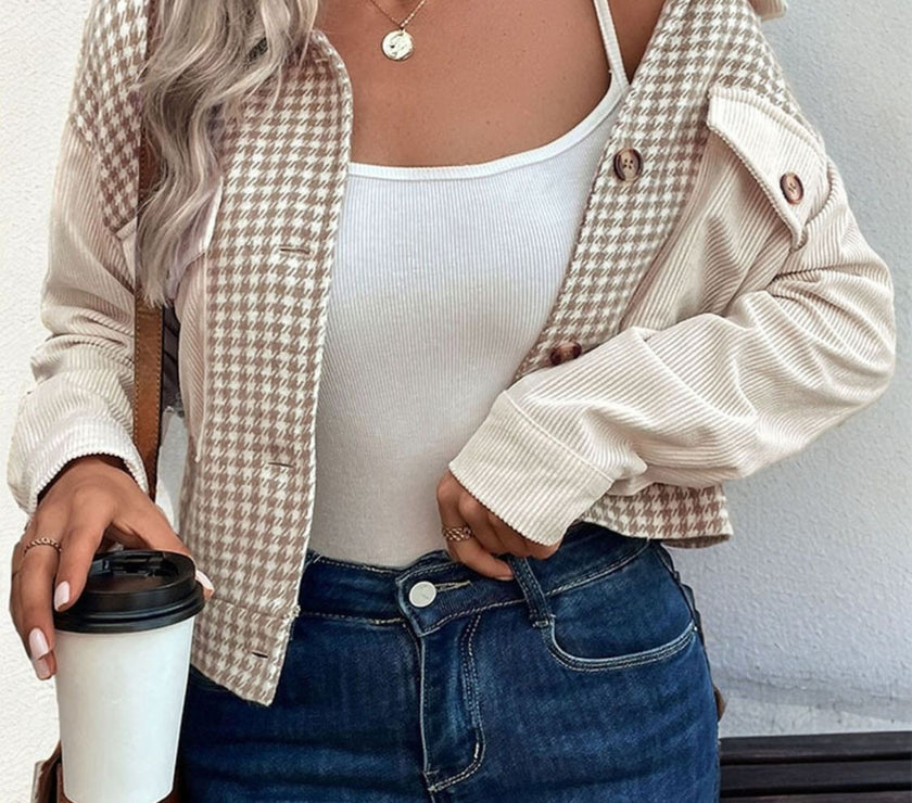 Perfee Pocketed Houndstooth Long Sleeve Jacket