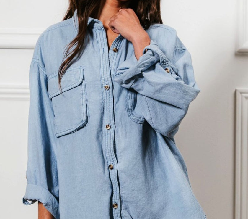 BiBi Button Down Stitch Detail Shirt with Chest Pockets