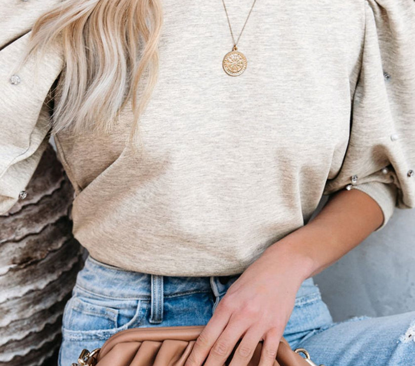 Rhinestone Pearl Detail Round Neck Puff Sleeve Top