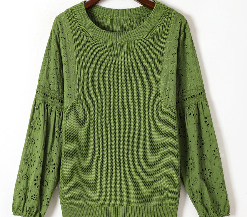 Eyelet Round Neck Drop Shoulder Sweater