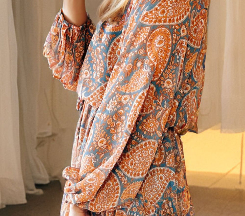 Ruffle Hem Printed Long Sleeve Dress