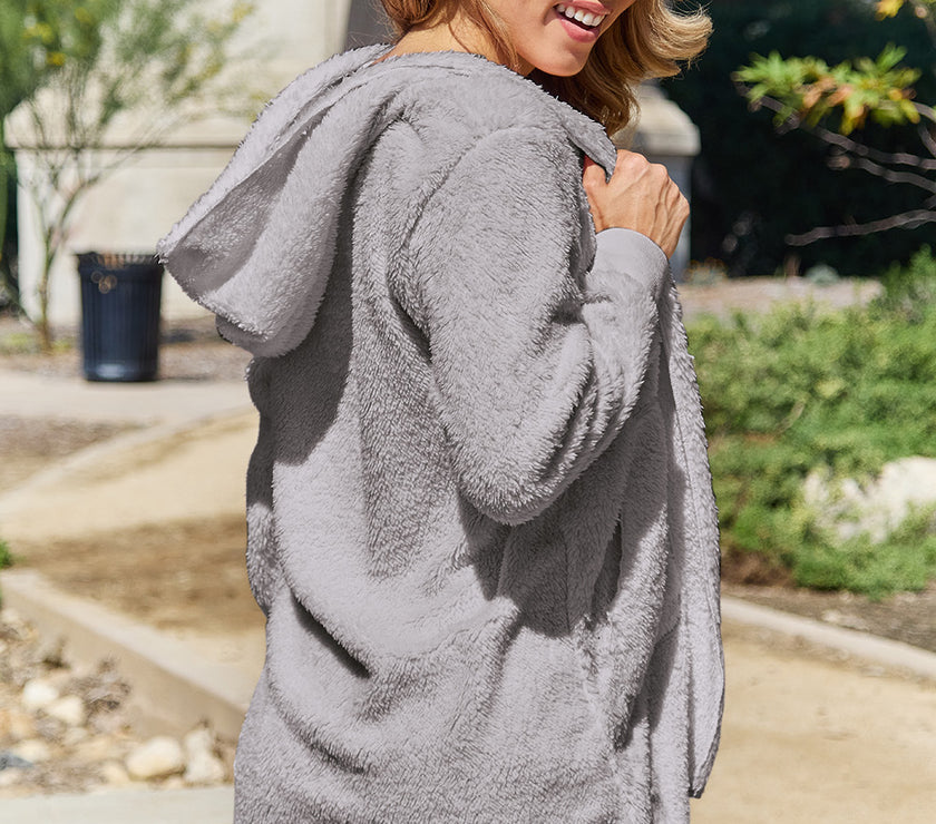 Full Size Teddy Hooded Jacket with Pockets