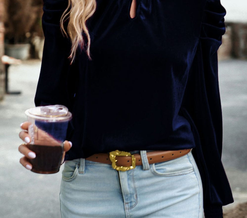Tie Up Mock Neck Velvet Fabric Long Sleeve Blouse
