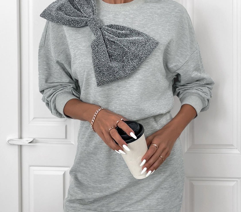 Perfee Bow Dropped Shoulder Long Sleeve Mini Dress