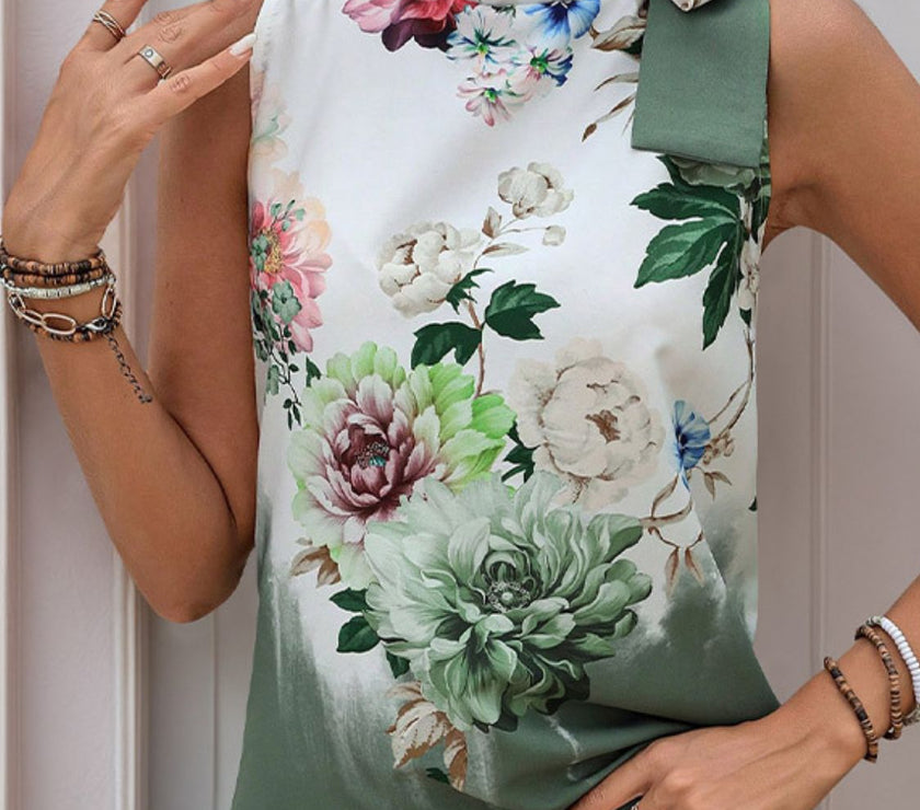Tied Flower Printed Mock Neck Top