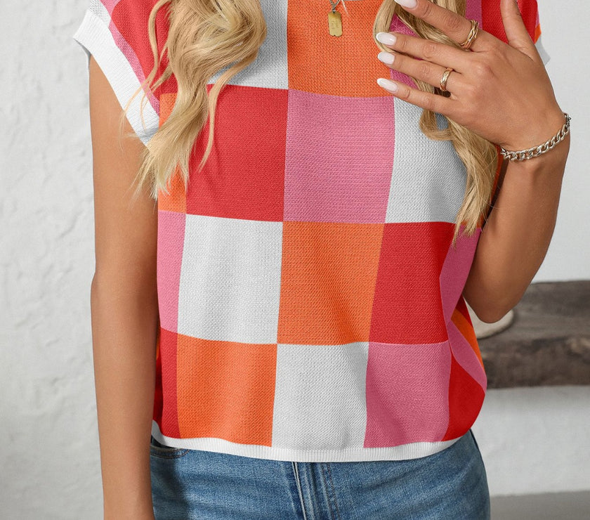 Mandy Checkered Round Neck Cap Sleeve Knit Top