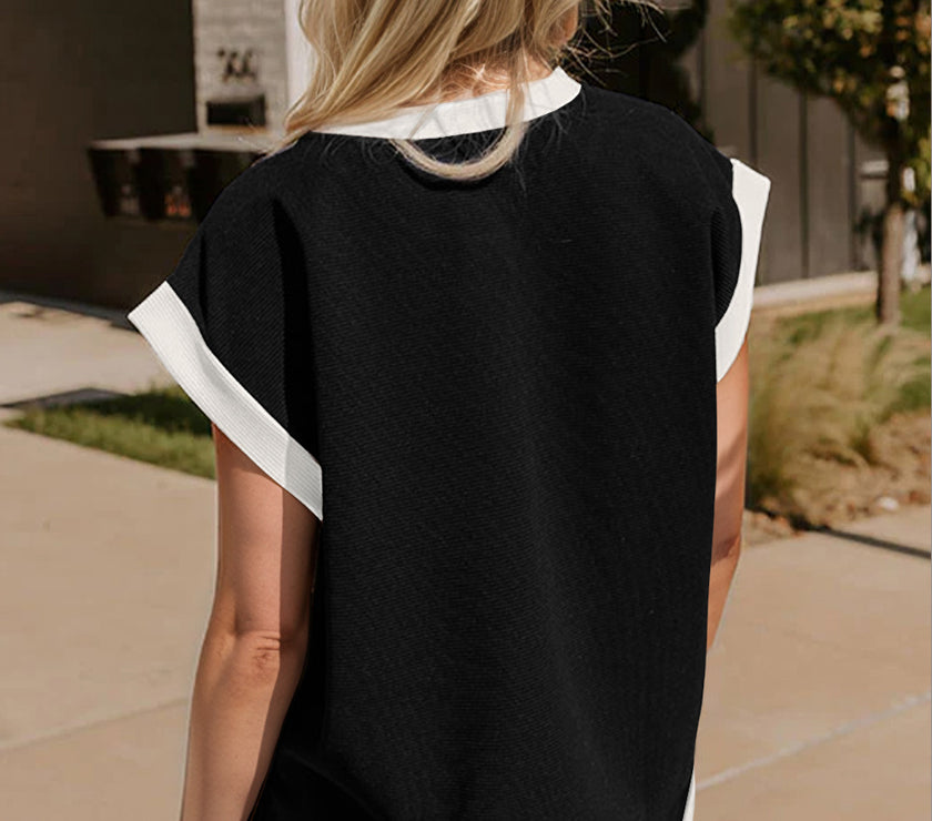 OH Texture Contrast Trim Round Neck Cap Sleeve Top and Pants Set