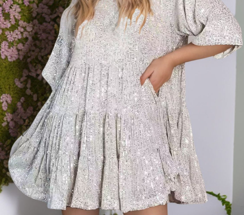 Sequin Round Neck Half Sleeve Mini Dress