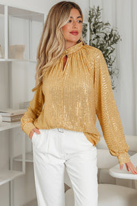 Gold Metallic Balloon Sleeve Buttoned High Neck Loose Blouse
