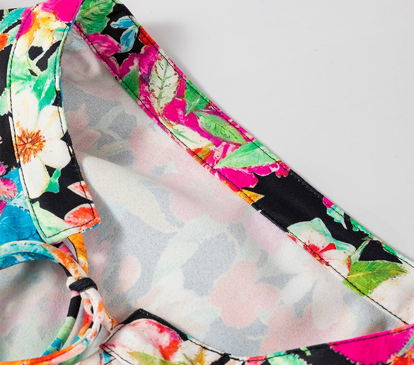 Floral Tie Neck Balloon Sleeve Blouse