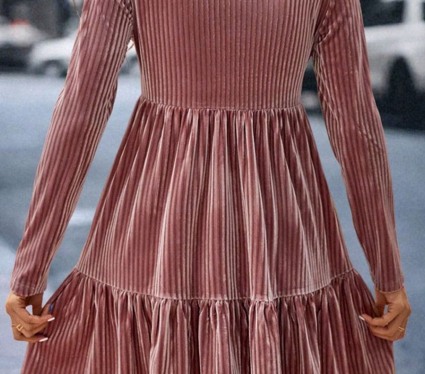 Ruffle Hem Round Neck Long Sleeve Dress