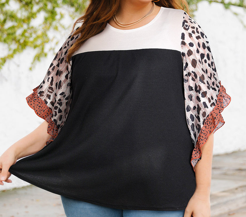 Plus Size Printed Color Block Ruffled Blouse