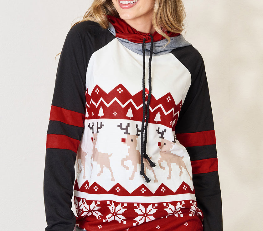 Double Take Full Size Christmas Drawstring Long Sleeve Hoodie