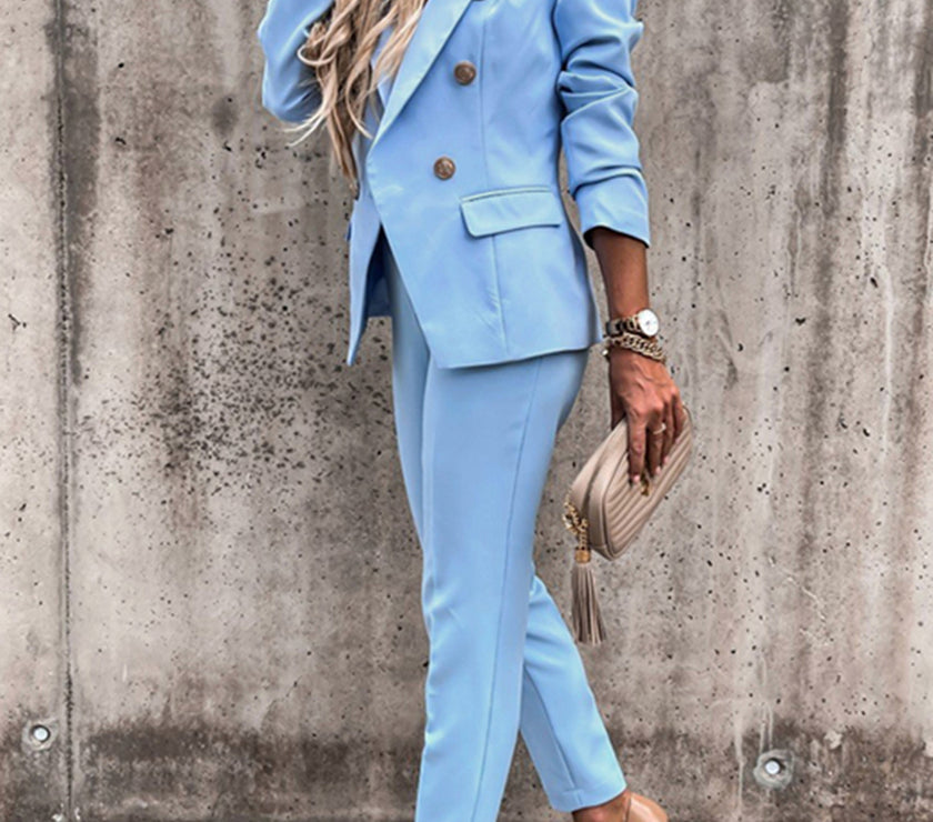 Lapel Collar Long Sleeve Blazer and Pants Set