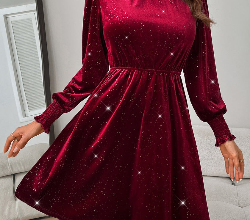 Glitter Mock Neck Long Sleeve Mini Dress