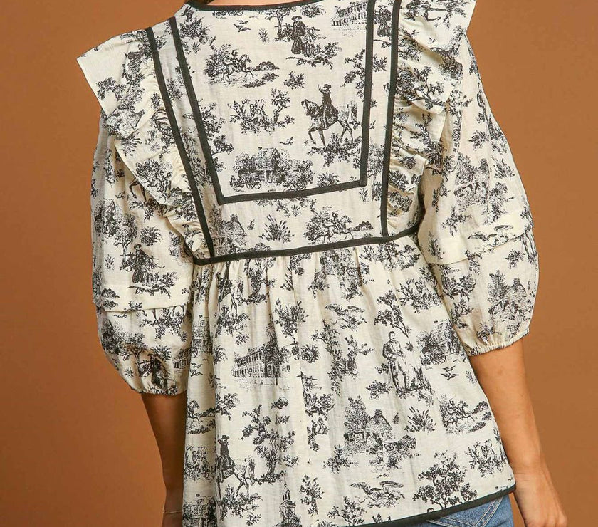 Umgee Ruffled Tie Neck Puff Sleeve Babydoll Blouse