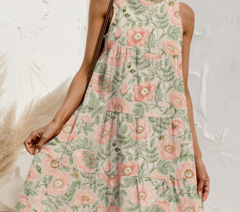 FAM-FAM Tiered Printed Round Neck Sleeveless Dress