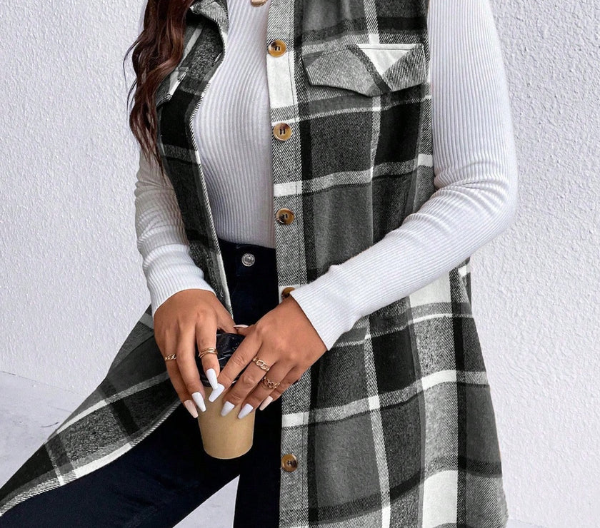 Honey Plus Size Pocketed Plaid Button Up Vest Coat
