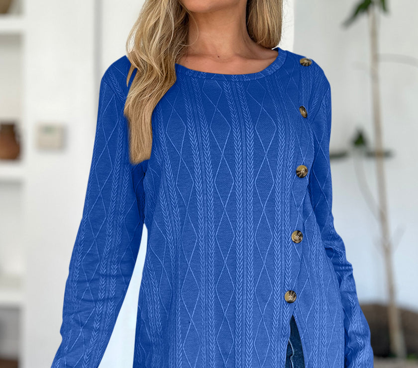 FAM-FAM Slit Round Neck Long Sleeve T-Shirt