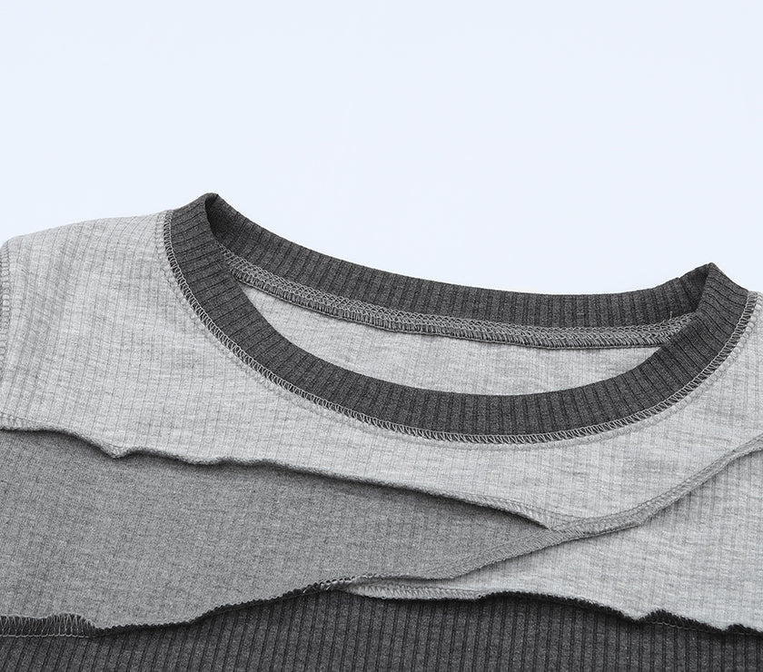 Exposed Seam Contrast Round Neck Long Sleeve T-Shirt